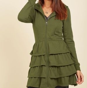 EUC Modcloth Tier Me Roar olive ruffled hoodie, 1X